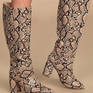 JustFab Brown and Cream Snake-Print Knee-High Heeled Boots